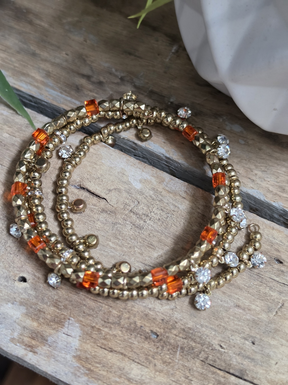 Fairy Core Gold Tone Wrap Bracelet Orange Crystal Rhinestone Charm Boho Layered